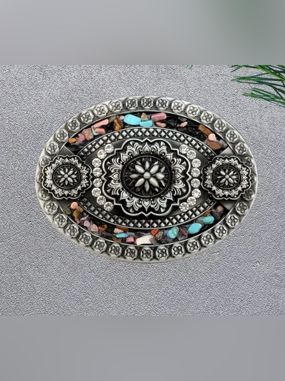 Western Belt Buckle Ornate Silver-Tone Southwestern Stone Oval Belt Buckle